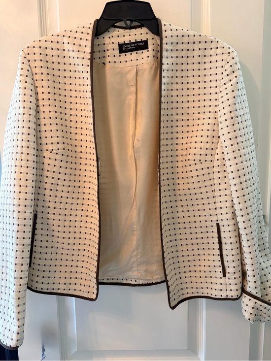 Jones New York Jackets & Blazers - Jones New York Cream Open-Front Textured Dot Blazer with Dark Trim